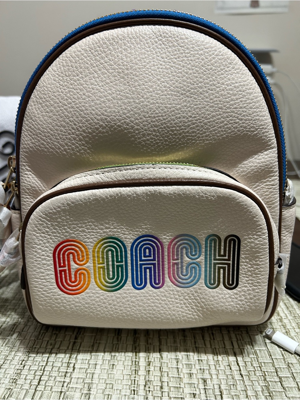 Coach White Leather Mini Backpack with Rainbow Logo